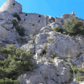 Château cathare en contrebas, entouré de falaises et de verdure, paysage estival.