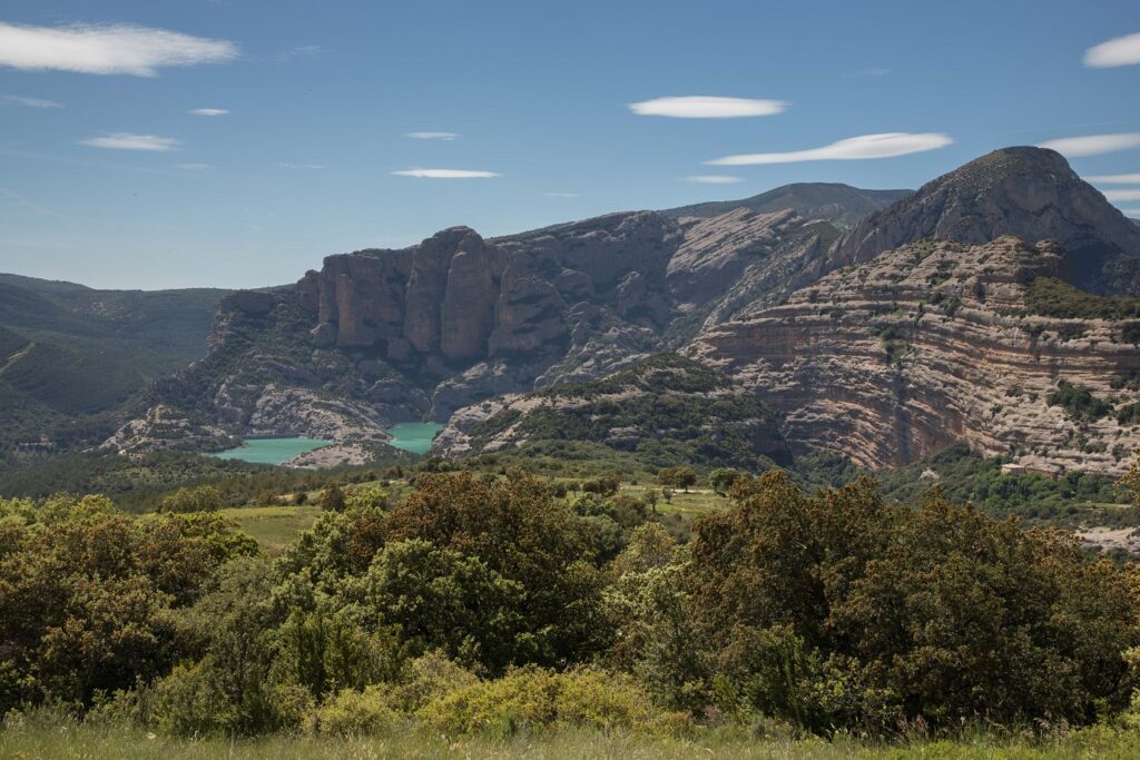 Paysage en sierra de guara avec un canyon en fond et une forêt au premier plan