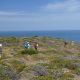 Groupe de randonneurs sur un sentier de randonnée en montagne au Portugal, dans la région de l'Algarve, avec en fond l'eau