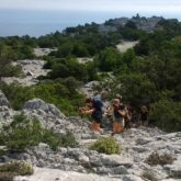 Groupe de randonneurs en Sardaigne sur un sentier avec la mer en fond et des arbres caractéristiques de la Sardaigne
