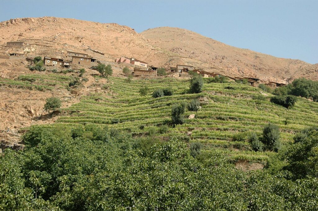 Paysage verdoyant au Maroc observé par les randonneurs au cours de leur ascension, avec leur guide, du Toubkal
