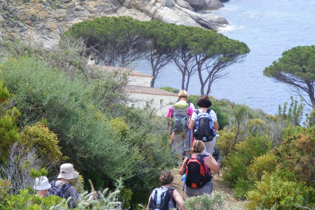 Groupe de randonneurs sur un sentier de l'île d'Elbe en Italie