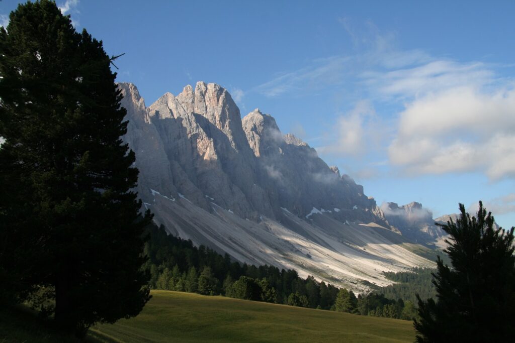 Paysage des Dolomites, ce paysage a été capturé depuis une plaine avec de l'herbe et comprenant des arbres, et en contre haut nous voyons des sommets aux couleurs grises