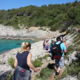 Groupe de randonneurs sur un sentier côtier avec une forêt d'un côté et de l'autre la mer