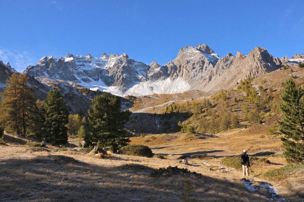 Paysage de montagne avec des sommets recouverts de neige à l'arrière-plan ainsi qu'une plaine à l'avant