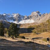 Paysage de montagne avec des sommets recouverts de neige à l'arrière-plan ainsi qu'une plaine à l'avant