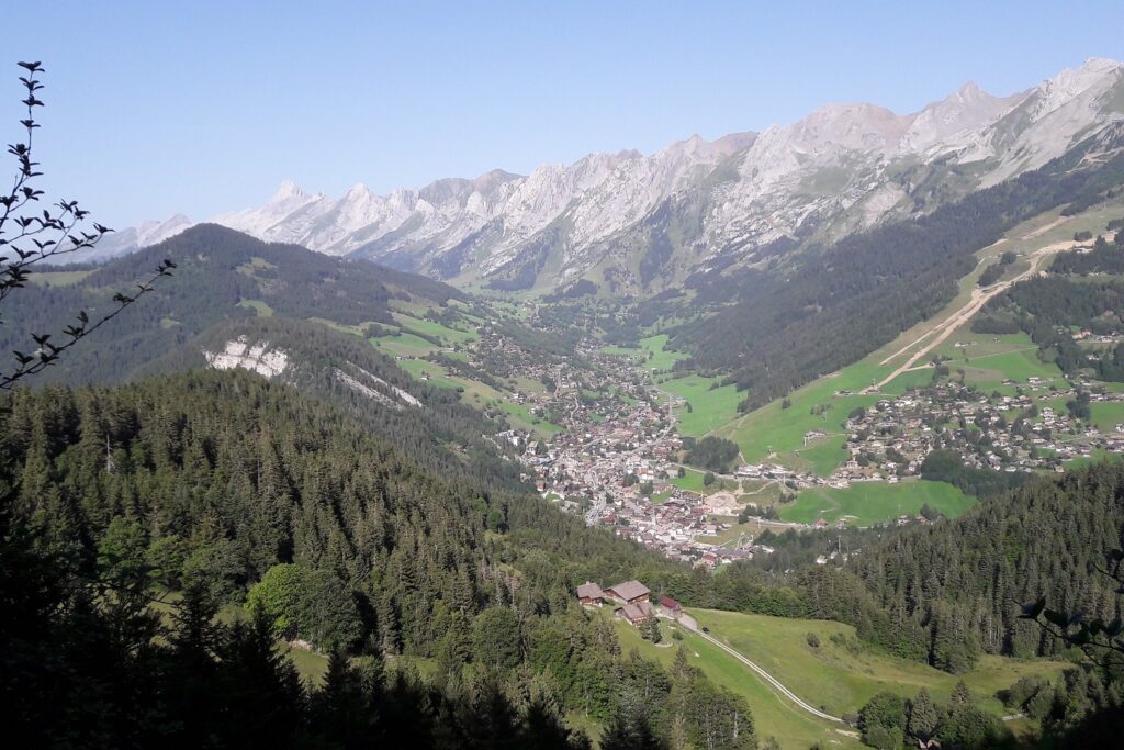 Paysage dans les Aravis avec un décor très montagnard, avec des sommets en fond des arbres un peu plus près et une vallée au centre