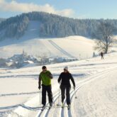 Groupe de randonneurs sur une piste de ski de fond dans le Vercors