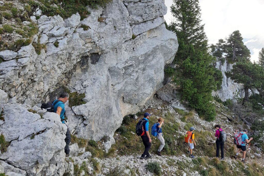 Groupe de randonneurs sur un sentier dans le Vercors encadré de roches et d'arbres