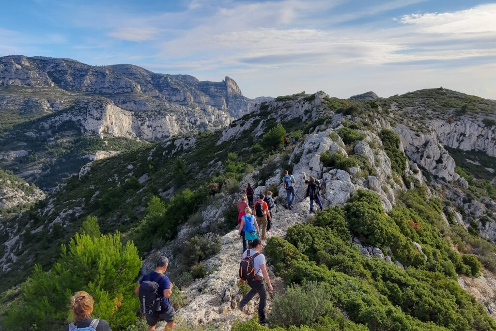 Groupe de randonneurs sur un sentier de randonnée sur des crêtes de montagnes encadré de végétation des deux côtés