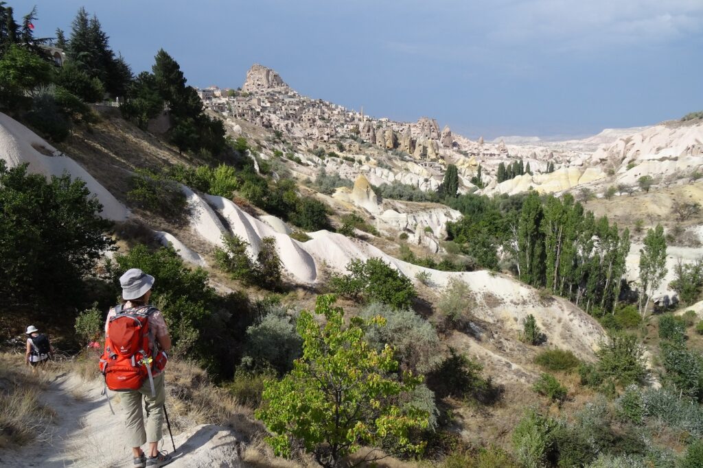 Groupe de randonneurs avec leur guide sur un sentier de randonnée, avec des paysages de montagnes blanches caractéristiques de la zone.