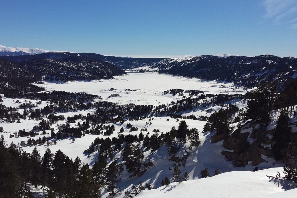 Paysage de montagne avec des arbres en contrebas et des vallées enneigées