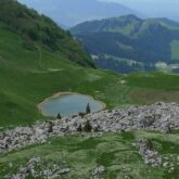 Paysage de montagne autour du lac Léman encadré de végétation et d'un sentier de roches