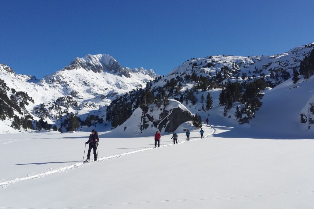 Groupe de randonneurs en raquettes sur un sentier de randonnée dans la neige, avec dans le fond de nombreux sommets