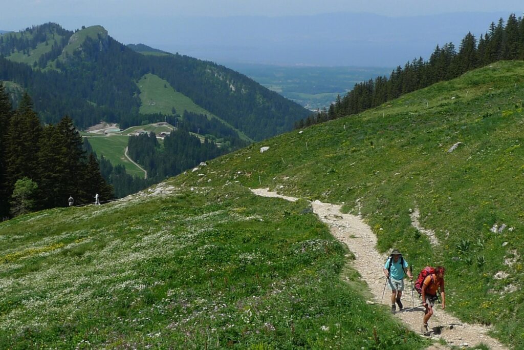 Groupe de randonneurs avec leur guide sur un sentier de randonnée dans la zone du lac Léman au cours d'un séjour de randonnée