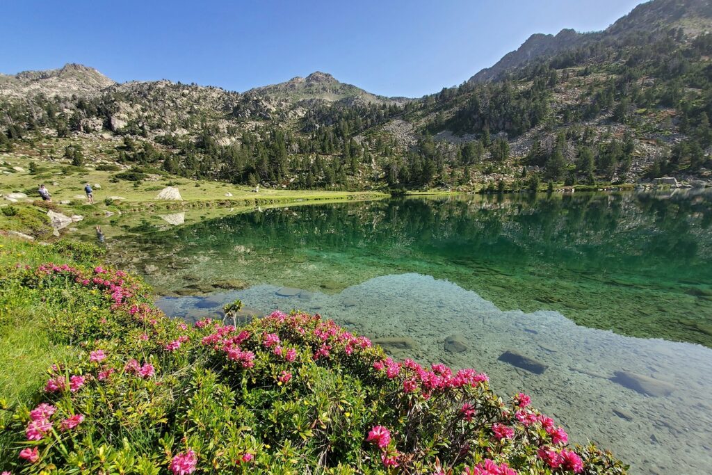 Paysage de montagne dans le massif du Néouvielle avec un lac au premier plan et des sommets à l'arrière