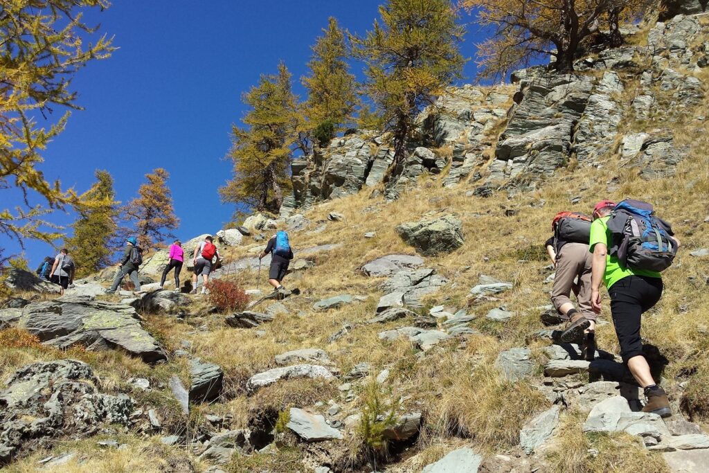 Groupe de randonneurs avec leur guide dans le Mercantour sur un sentier à travers les roches