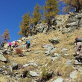 Groupe de randonneurs avec leur guide dans le Mercantour sur un sentier à travers les roches