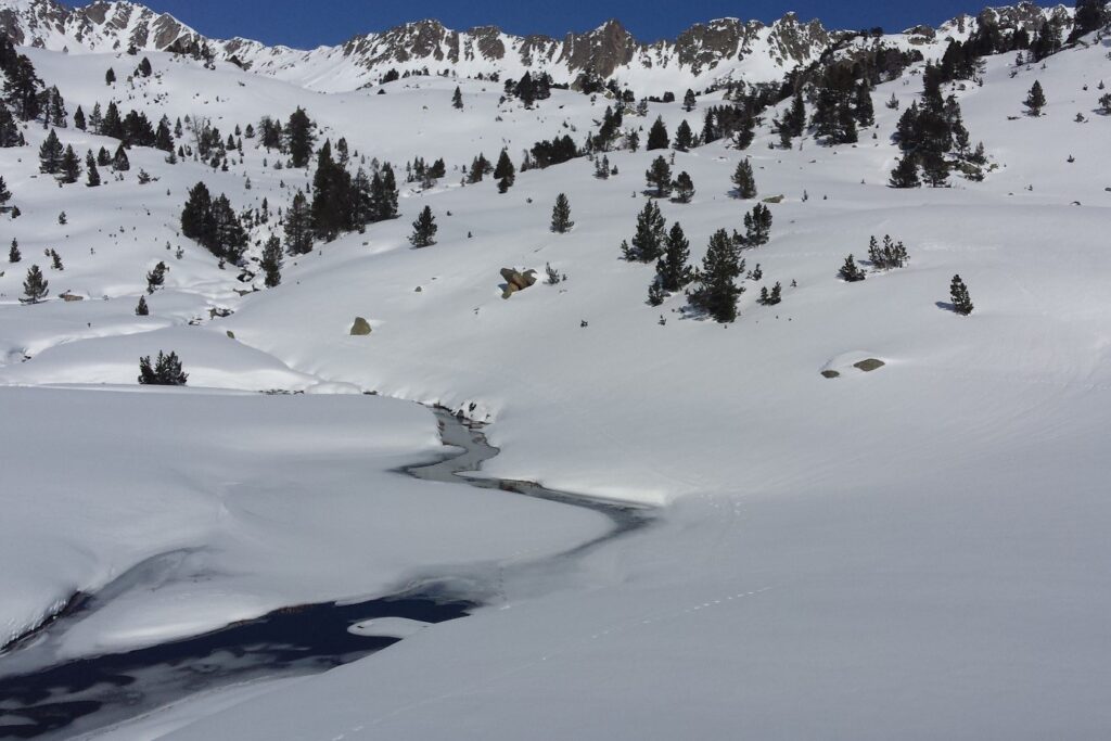 Paysage dans le nouvelle d'un chemin de randonnée à emprunter en raquettes avec à gauche un cours d'eau