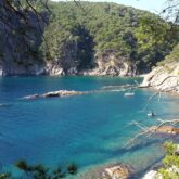 Paysage de bord de mer avec de l'eau turquoise et des falaises en bord de mer dans la zone de la Costa Brava