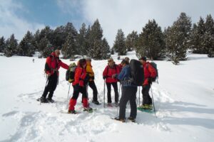 Groupe de randonneurs et leur guide en train de s'entretenir