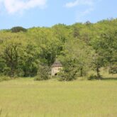 Paysage de campagne en Périgord avec des arbres et un plateau d'herbe, avec une petite maison cachée dans les arbres
