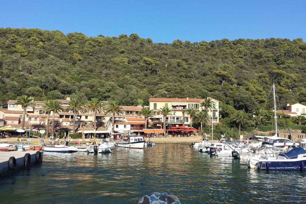 Paysage d'un petit village coloré encadré d'arbres et de forêt, avec la mer au pied des maisons