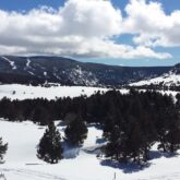 Paysage de montagne avec des sommets en fond, un paysage hivernal couvert de neige, et une forêt en contrebas