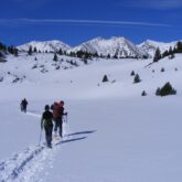 Groupe de randonneurs avec leur guide sur un sentier de randonnée en raquettes dans les Pyrénées orientales