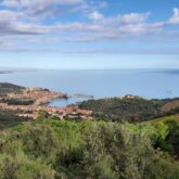 Paysage de montagne avec la ville de banyuls en contrebas, proche de la mer et en contrebas de la végétation