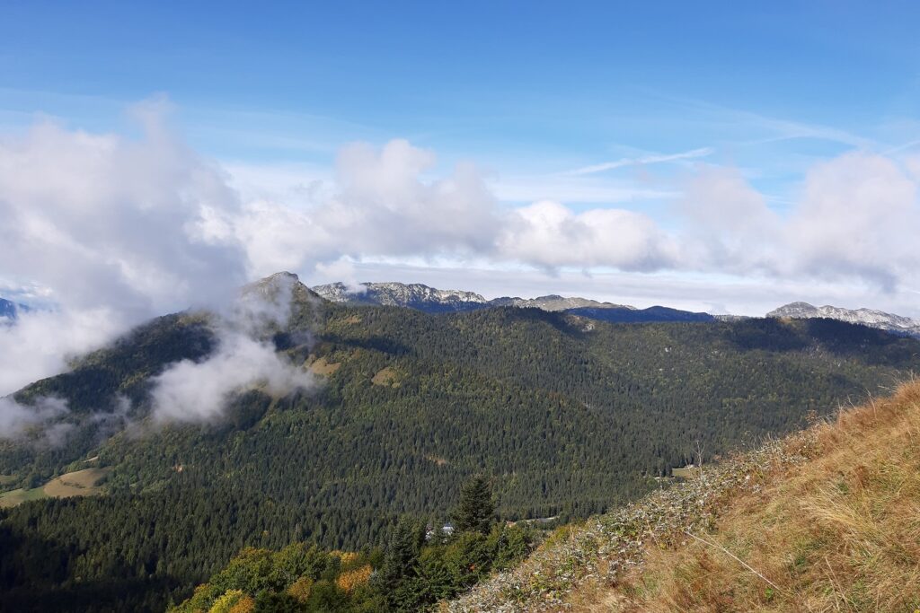 Paysage de montagne avec des vallées aux couleurs des champs