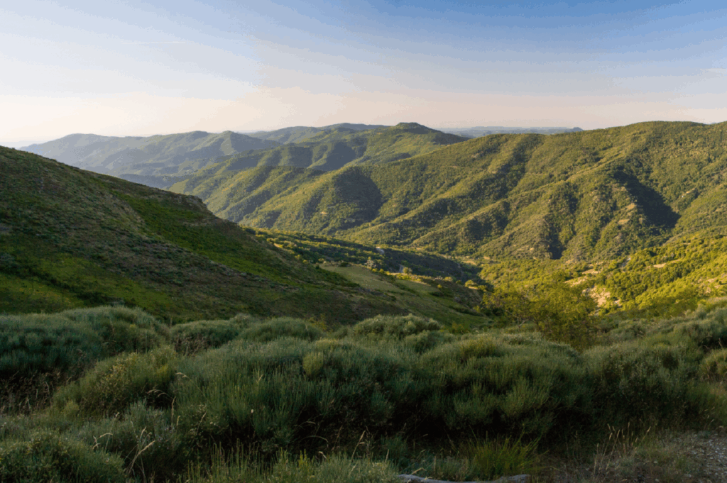 Paysage de vallées et de sommets observés par des randonneurs lors de séjours de randonnées en liberté sur le chemin de Stevenson nord