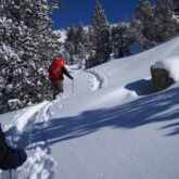 Groupe de randonneurs sur un sentier de randonnée en montée à travers la neige en raquettes
