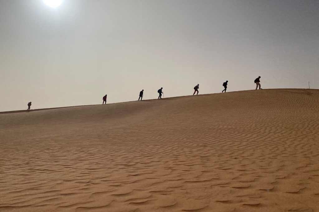 groupe de randonneurs sur la crête des dunes dans le désert de Mauritanie