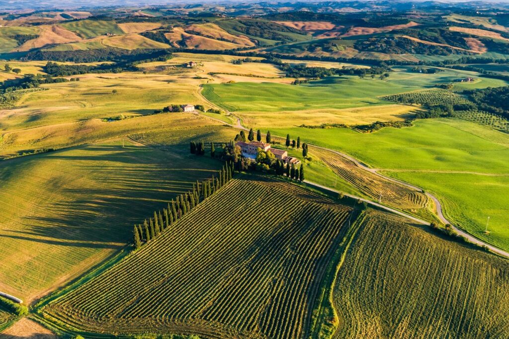 Paysage vu de haut d'un domaine viticole en Toscane, Italie. Le décor est très typique avec différentes teintes de vert et des cyprès de part et d'autre du chemin qui permet d'accéder au domaine