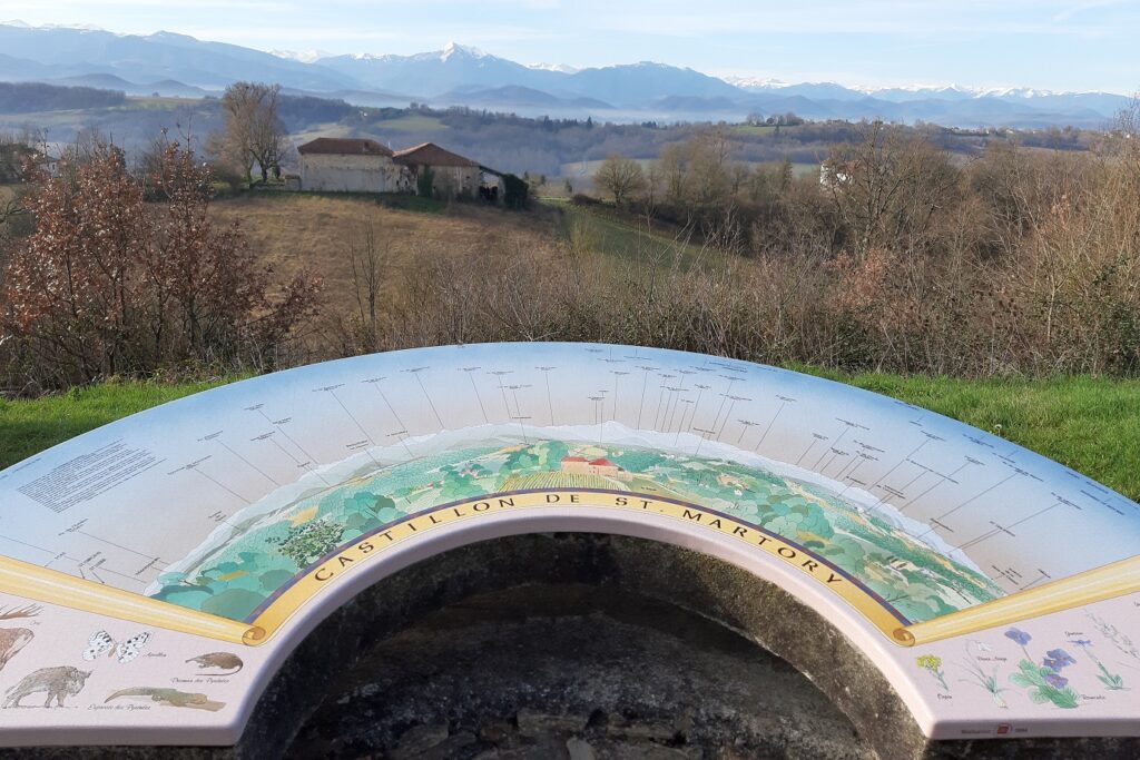 Paysage de la vue au cours du chemin de Saint-Jacques de Compostelle avec un panneau en panoramique qui permet de s'orienter quant à ce que l'on voit