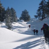 Groupe de randonneurs sur un sentier avec leur guide en hiver à travers la neige dans les encartais