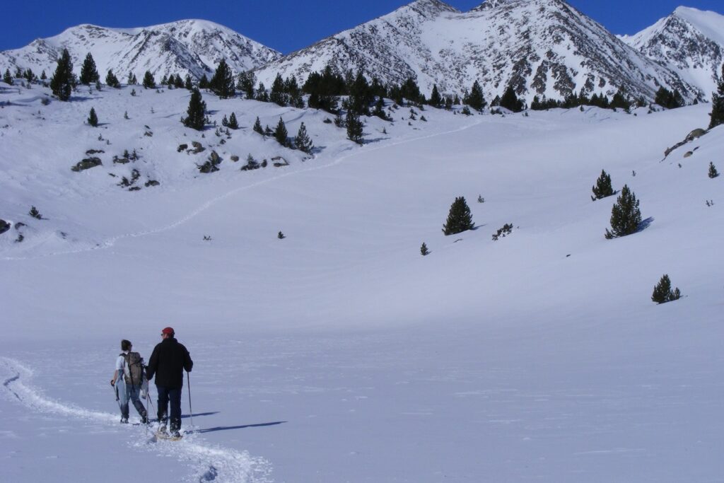 Deux randonneurs sur un sentier en raquettes avec leur guide se dirigeant vers des sommets au loin