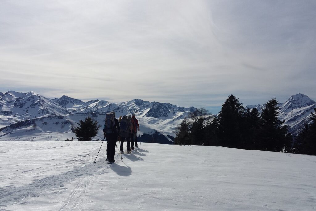 Groupe de randonneurs sur un sentier avec leur guide en raquettes