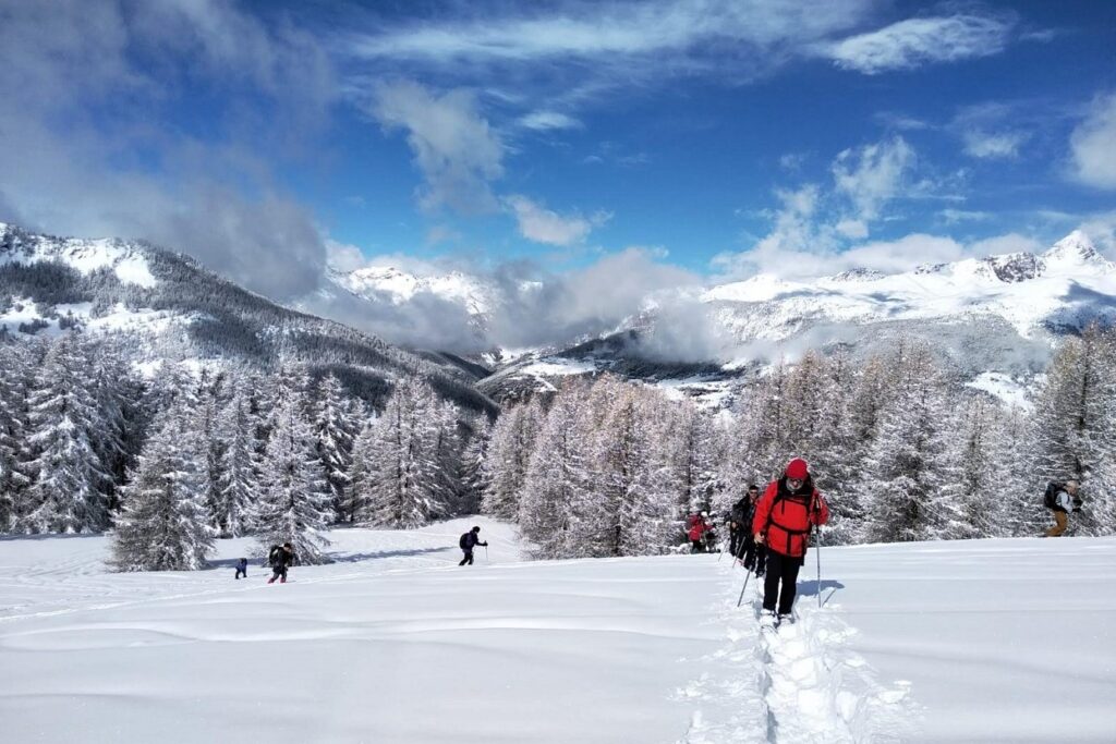 Groupe de randonneurs sur un sentier de randonnée dans le massif du Queyras, encadré par un guide