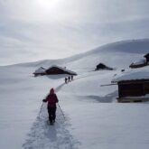 Groupe de randonneurs sur un sentier de randonnée dans la neige en hiver