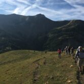Groupe de randonneurs sur un sentier avec leur guide encadré d'un paysage dans une plaine en montagnes avec des sommets a l'arrière plan