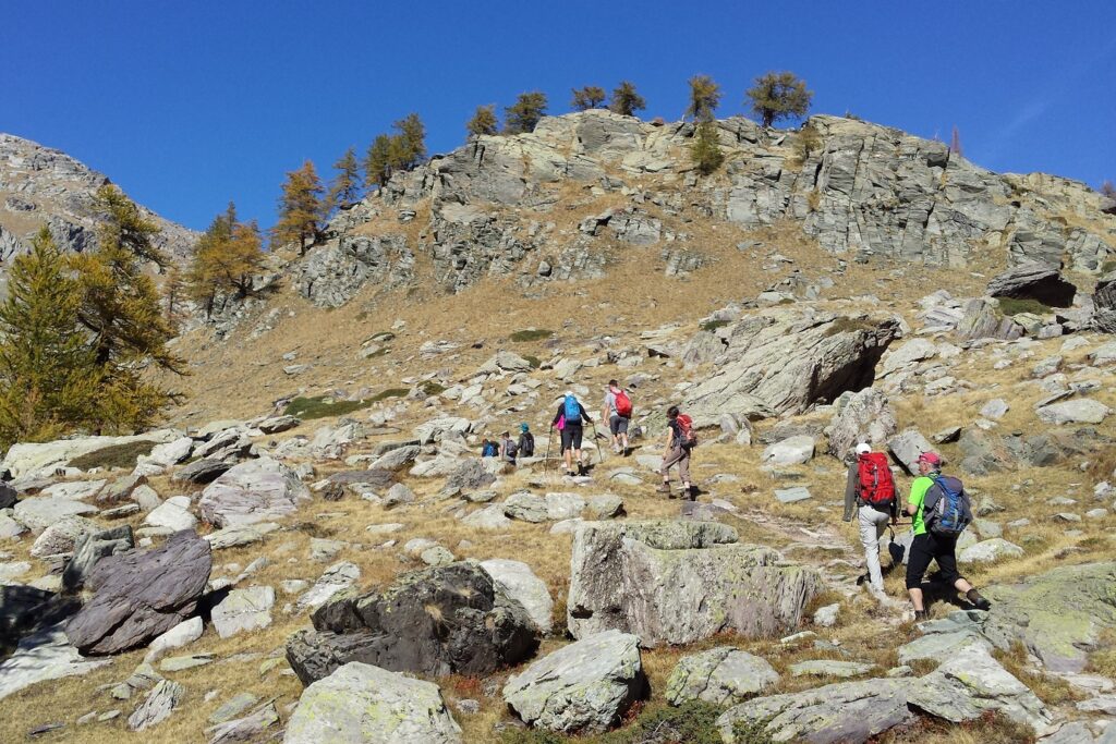 Groupe de radnonneurs dans le mercantour sur un sentier de randonnée avec leur guide, ils sont entrain de monter a flanc d'une montagne