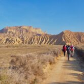 Groupe de randonneurs sur un sentier dans les bardenas encadré par un peu de végétation et en fond un relief caractéristique de la zone