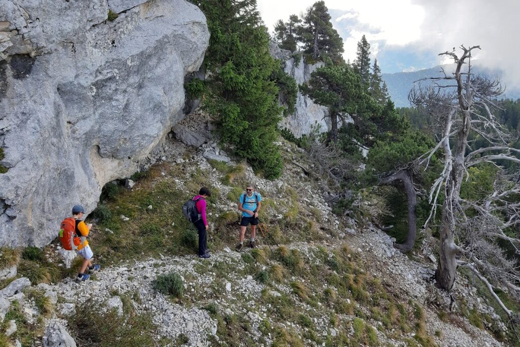 Groupe de randonneurs sur un sentier de randonnée avec leur guide lors d'un séjour en étoiles dans le Vercors