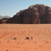 Groupe de randonneurs vu de loin qui marchent à travers le sable du désert du Wadi Rum avec en fond un sommet en pierre. On voit sur ce paysage de Jordanie beaucoup de couleurs orangées