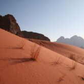 Paysage de la couleur rosée du sable au soleil, avec des sommets montagneux en fond