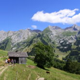 Paysage de montagne dans les Aravis avec des sommets en fond