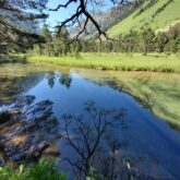 Paysage de montagne avec au centre un lac et de part et d'autre on retrouve de la végétation forestière