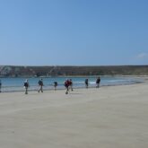Groupe de randonneurs avec leur guide en train de marcher sur la plage au cours d'un séjour de randonnée sur la presqu'île d'Ouessant